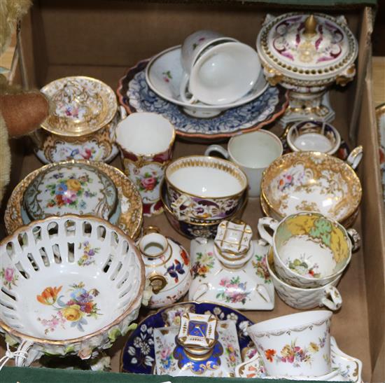 A Derby pot pourri pot and cover, two squat shaped perfume bottles, Victorian teaware, etc.